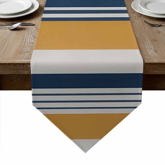 Blue Yellow Striped Table Runner Linen Burlap Table Runner 48 Inches Long Modern Stripes Art Dresser Scarves for Kitchen Island Coffee Dining Room Party Wedding Banquet Holiday Decoration 13"x48"