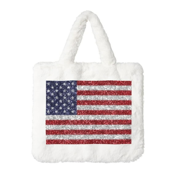 Honeii America Flag Glitter Print Fluffy Shoulder Bag Plush Bags Women Ladies Tote Bag Fluffy Furry Purse Handbag for Autumn and Winter