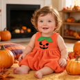 thumbnail image 6 of Toddler Girls Pumpkin Sleeveless Bubble Dress, Jack-o'-Lantern Face Outfit With Matching Leaf Headband Soft Fleece Halloween Costume for Party Cosplay Photo Wear(Orange3,2-3 Years), 6 of 6