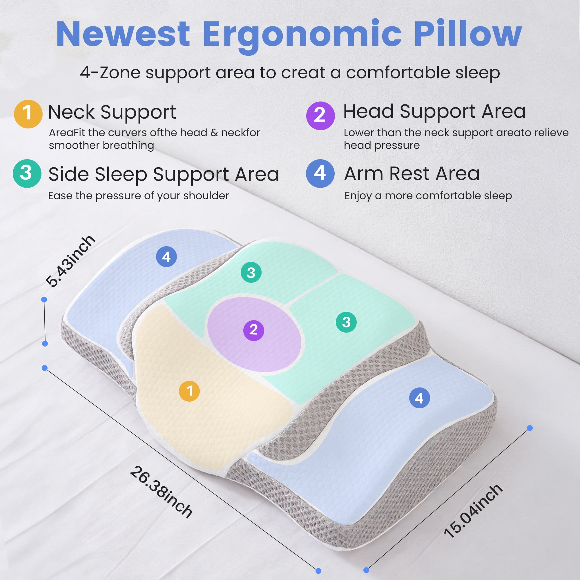 EDX King Size Square Cervical Pillows Memory Foam Double-Sided Pillow for Neck Pain Relief- Removable Cover,White and Gray