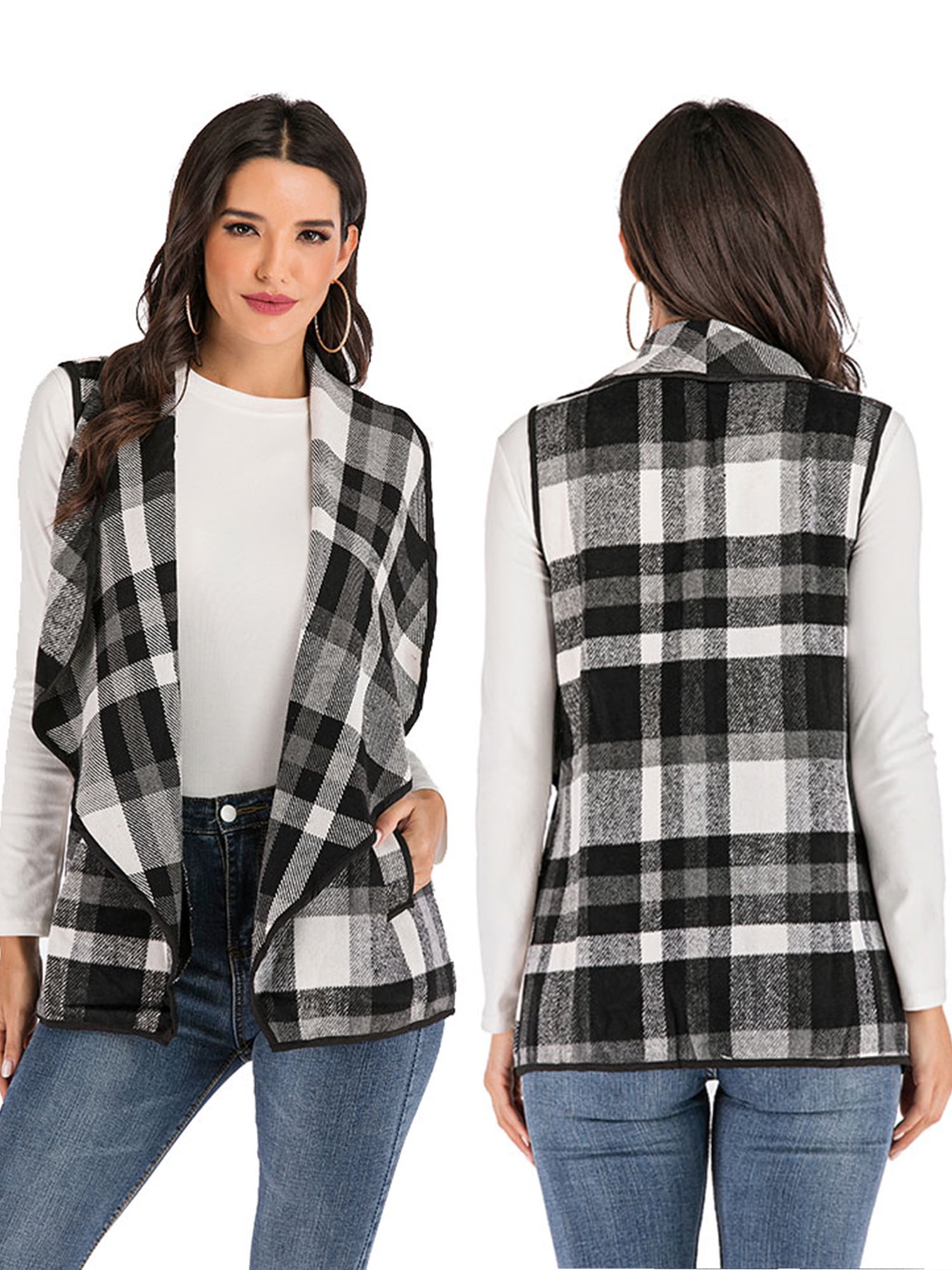 Classic Plaid Plaid Sleeveless Vest for Womens Lapel Open Front