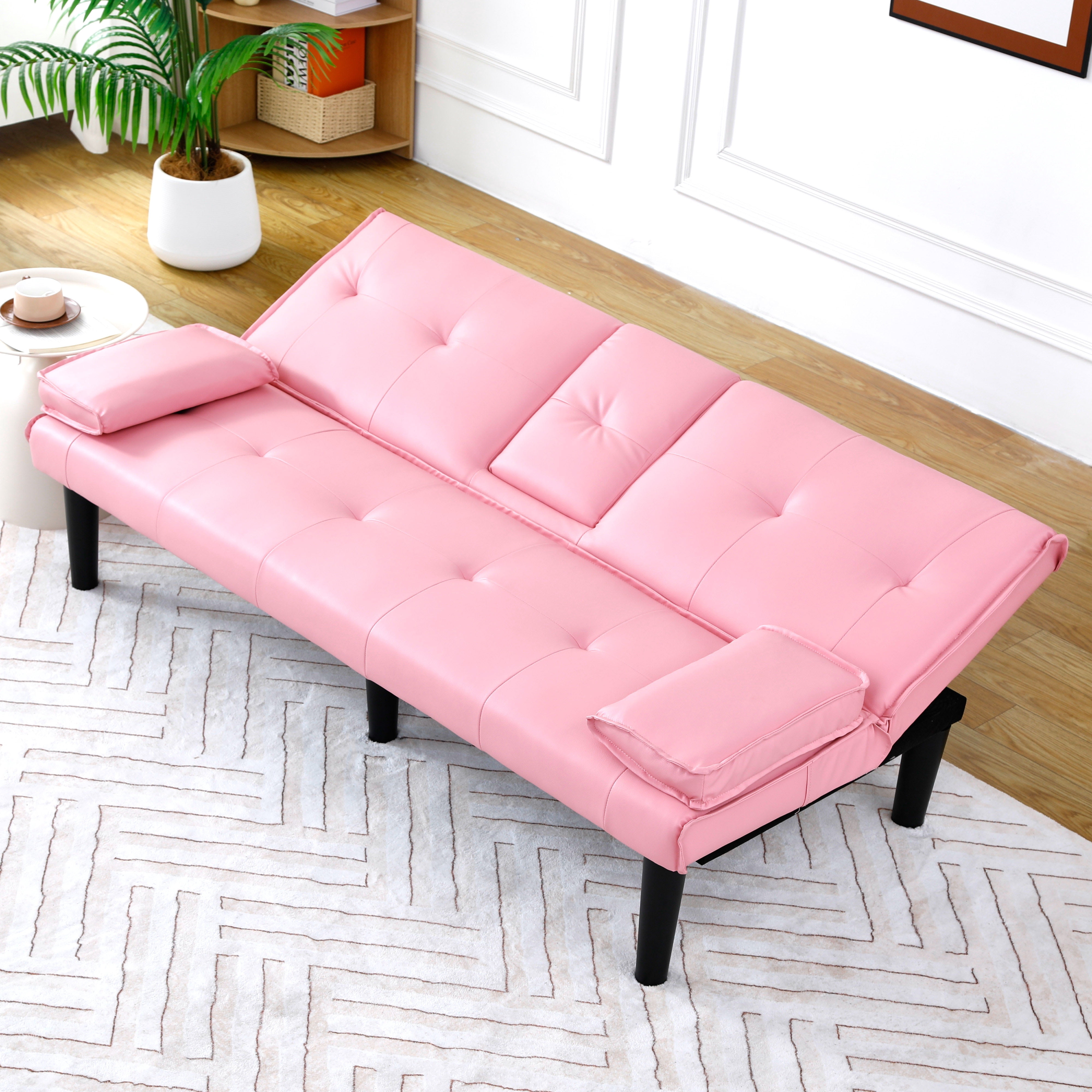 67 inch Futon Sofa Bed Faux Leather Couch Modern Convertible Folding Recliner with 2 Cup Holders for Living Room,Bedroom,Pink