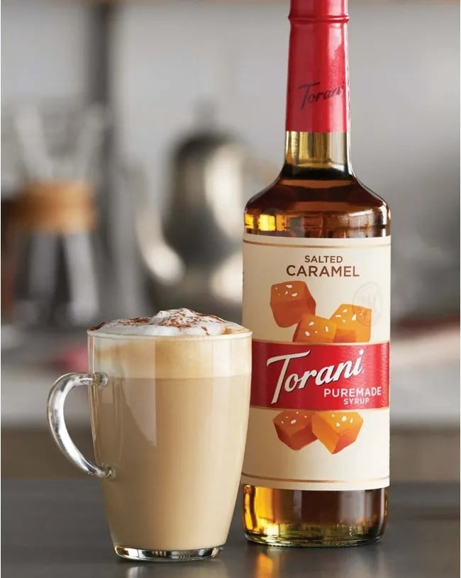 Torani Puremade Salted Caramel Flavouring Syrup, 25.4 fl oz (750ml) Glass Bottle with Absol Gold Pump