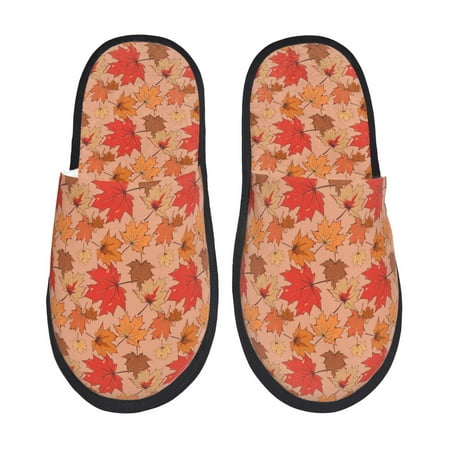 Balery Yellow And Red Maple Leaves Slient Indoor Furry Fleece Comfort House Shoes Soft Non-Slip Home Shoes Cotton slippers House Slippers-- Medium