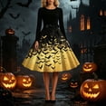 thumbnail image 4 of Women's Vintage Halloween Bat Print Swing Dress Long Sleeve 1950s Retro A-Line Midi Dresses with Satin Sash Belt for Gothic Cosplay Evening Prom Party, 4 of 6