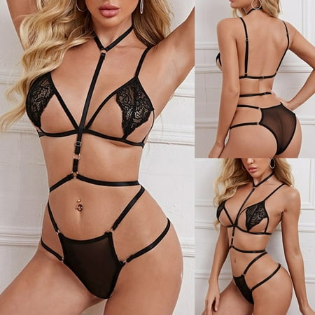 

UoCefik Halter Sexy Lace Mesh Hollow Out Lingerie for Women 2 Piece Set