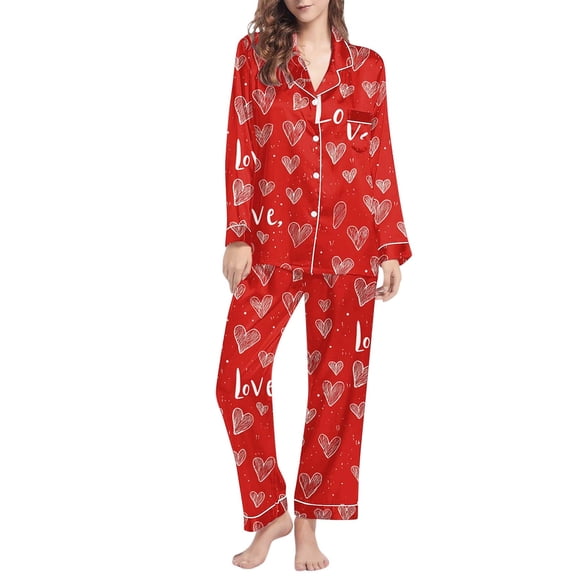 FDGIU ‌‌‌‌Plus Size Valentine Pajama Set for Women - Long Sleeve Button Down Sleepwear Pockets