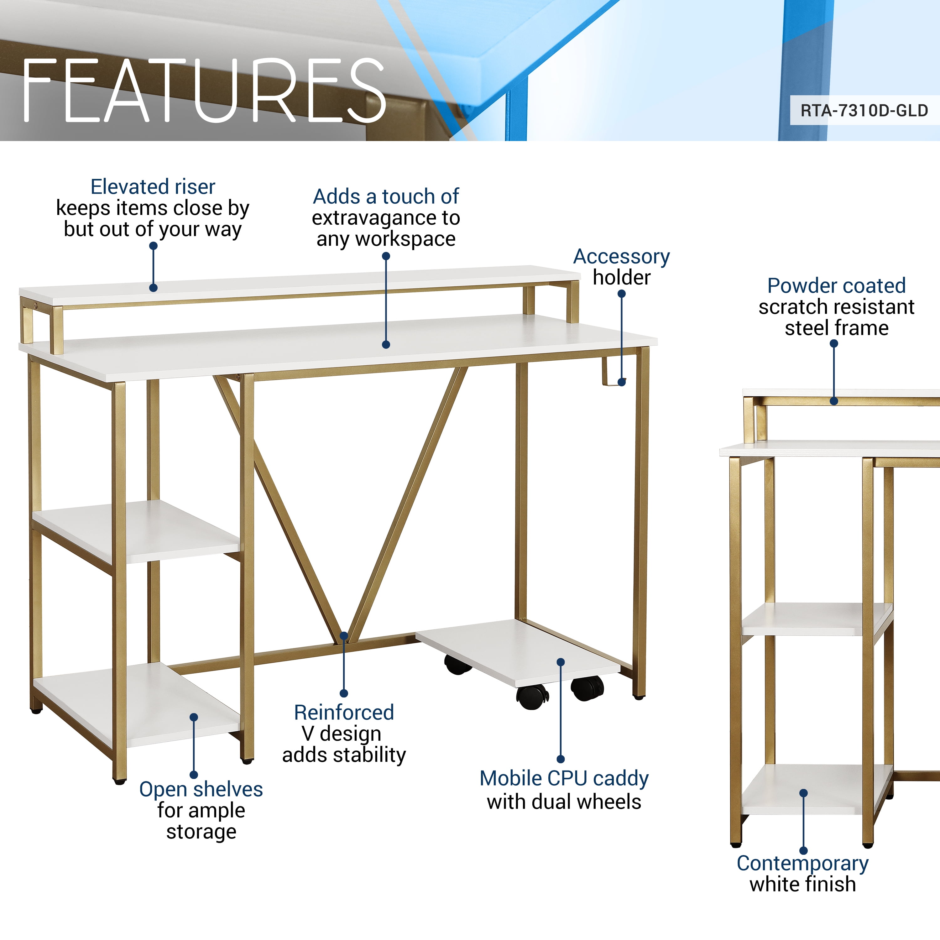 Industrial Writing Desk, White Wood Grain Engineered Wood Workstation with 2-Tier Monitor Shelf, Side Open Storage, Headphone Hook & Mobile CPU Caddy for Home Office