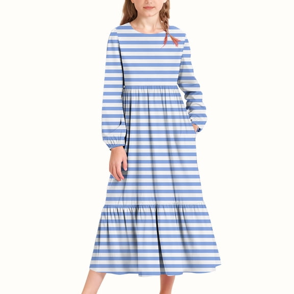 BRGZLK Girls Casual Long Sleeve Dresses Kids Summer Solid Color Stripe Round Neck Skater Twirl Long Dress with Side Pocket Blue 4-5 Years