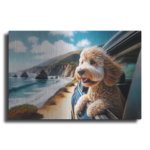 Luxe Metal Art 'Dog On Road Trip - Golden Doodle' by Rey Klimt Metal Wall Art, 16" x 12"
