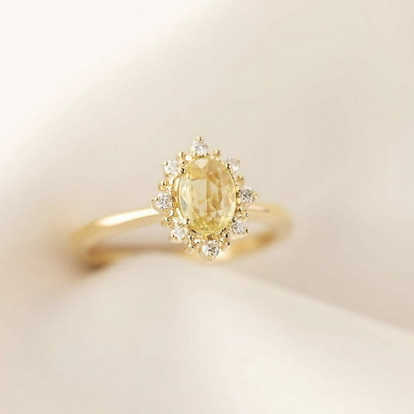 3.00 Carat Natural Yellow Sapphire Gemstone Halo Engagement Halo Unique Oval Cut Pukhraj Stone Wedding Gift Ring