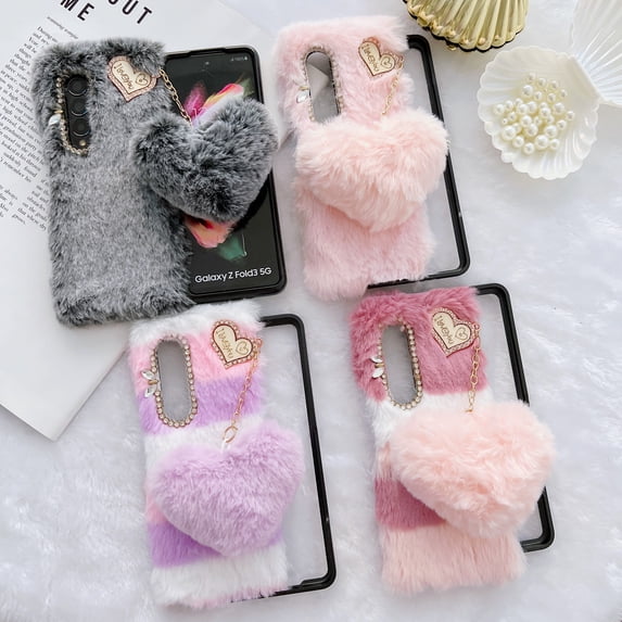 for Samsung Galaxy Z Fold 3 5G Cover With love pendant Shockproof Luxury Plush Fluffy Love Rabbit Soft PC Case