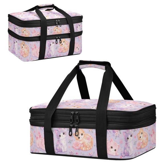 Large Double Decker Insulated Casserole Carrier Expandable 2-Layer Thermal Food Tote Bag Floral Kittens Pattern Graphic Hot Cold Pizza Lasagna Holder for Potluck Picnic Party Camping