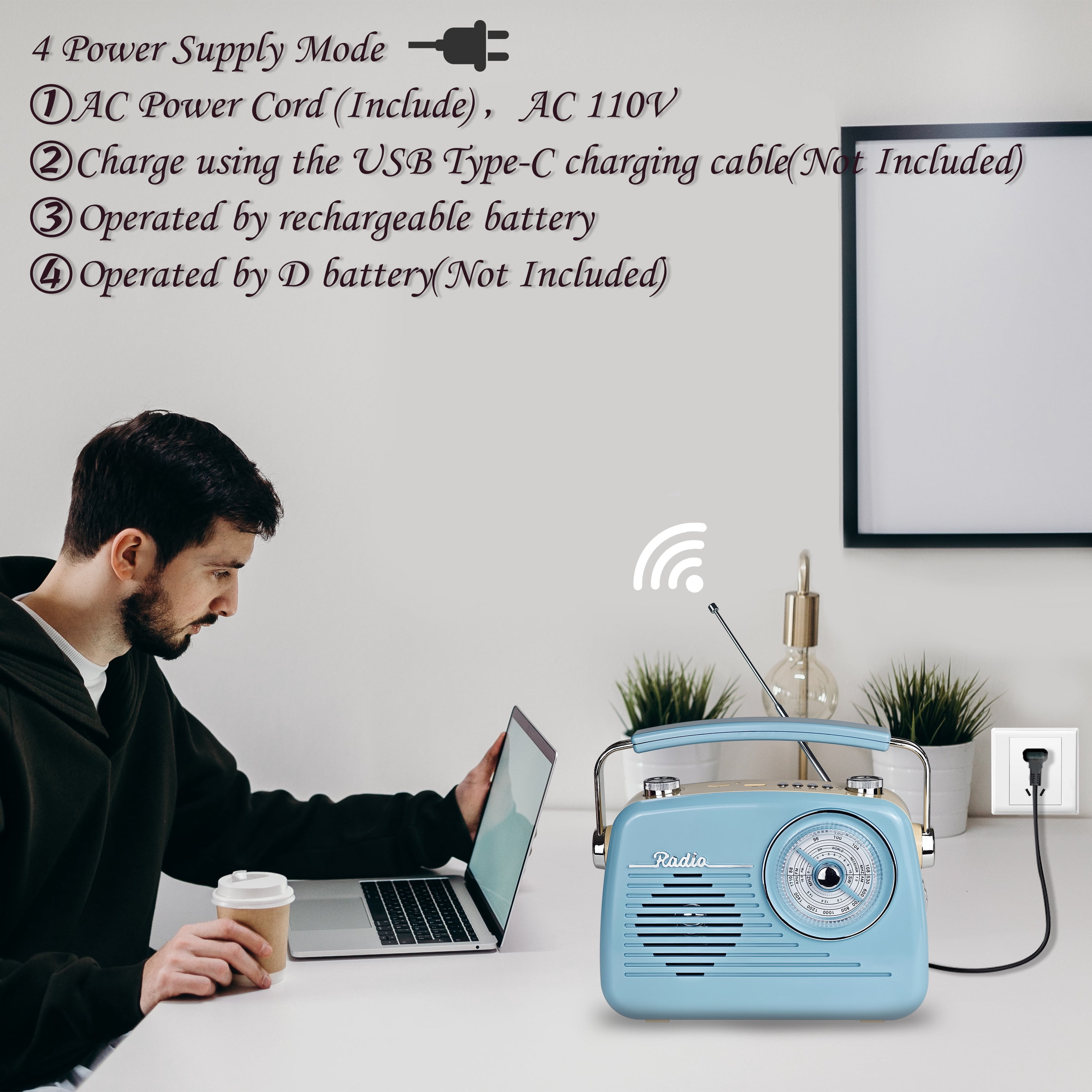 Portable AM FM Shortwave Vintage Radio Multifunctional Bluetooth Speaker 4 Power Options 5W Speaker TWS Stereo Plug-in Wall/Type-C Charging Emergency Radio for Home Outdoor Camping (Blue)