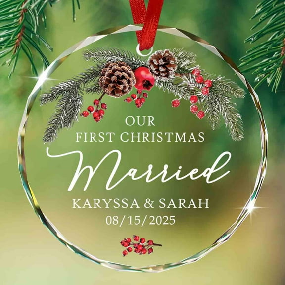 Our First Christmas Married 2025 - Personalized Mr and Mrs 1st Year Glass Ornament, Custom Names - First Wedding Anniversary Ornament, Newlywed Couple Gift - Just Married Gift for Bride, Groom
