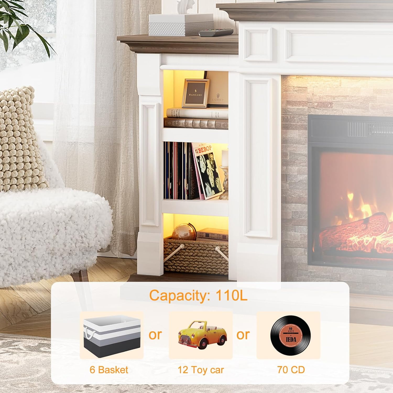 LGHM 71" Electric Fireplace TV Stand with Mantel, Farmhouse Entertainment Center for TVs up to 80" with  LED Light, White & Brown