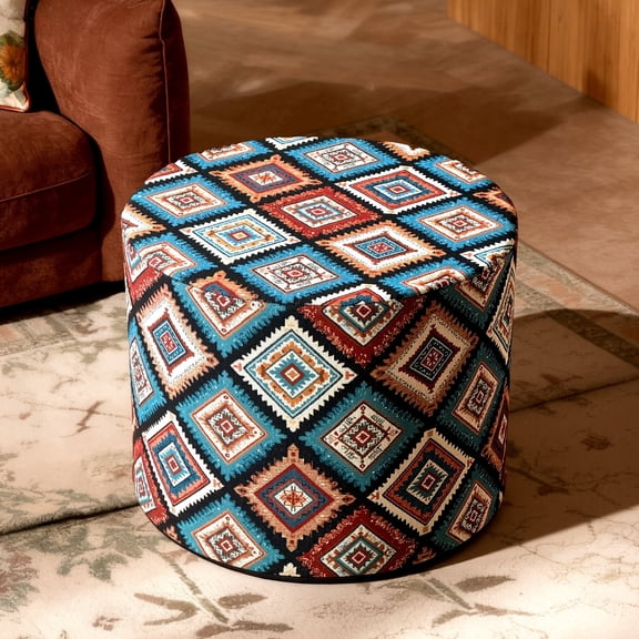 Whifea 20" Bohemian Embroidered Round Ottoman, Memory Foam Footstool for Home Office & Living Room