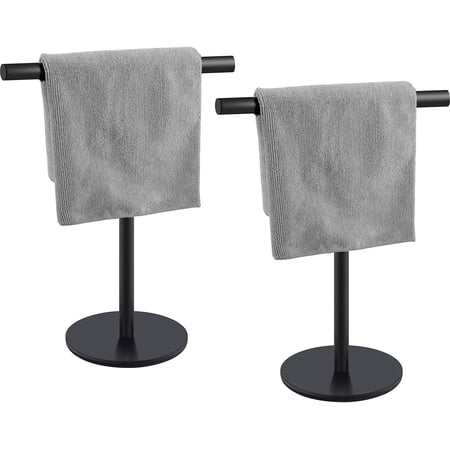 Hand Towel Holder Free Standing with Heavy Base, SUS304 Stainless Steel T-Shape Hand Towel Rack-Stand for Bathroom, Kitchen, Vanity Countertop, Matte Black 2 Pack