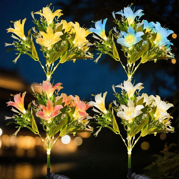 Rnkr 4 Pack Solar Flower Lights Outdoor, 28 LED Waterproof Solar Lily Lights with 4 Color-Changing LEDs for Garden, Yard, Pathway, Lawn, Camping, Patio Decoration