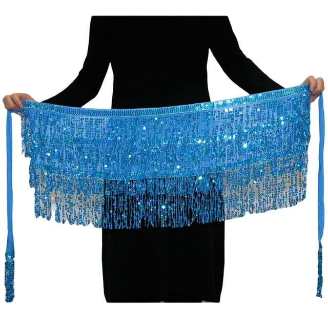 Sonducket a la cadera de moda, bufanda Retro con borlas, hermosa envoltura multicolor, ropa de baile, diamantes de imitación brillantes, disfraz Prendas para la parte inferior del cuerpo Lago azul