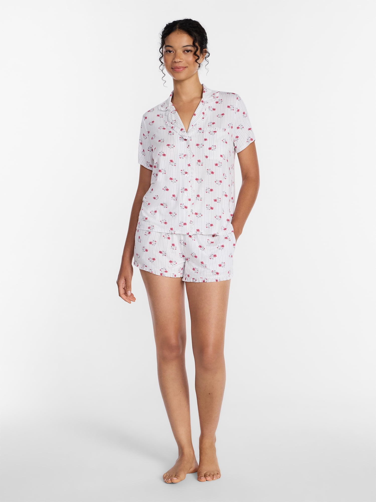Joyspun Women’s Modal-Blend Ruffle Trim Notch Collar Top and Shorts Pajama Set, 2 Piece, Sizes XS-3X
