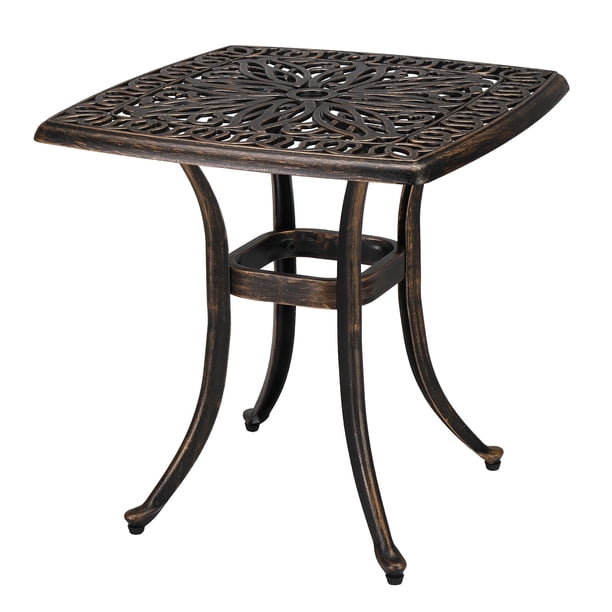 Mesa Auxiliar Cuadrada Zimtown de Aluminio Fundido de 21 Pulgadas con Orificio para Sombrilla de 1,6 Pulgadas de Profundidad Bronce