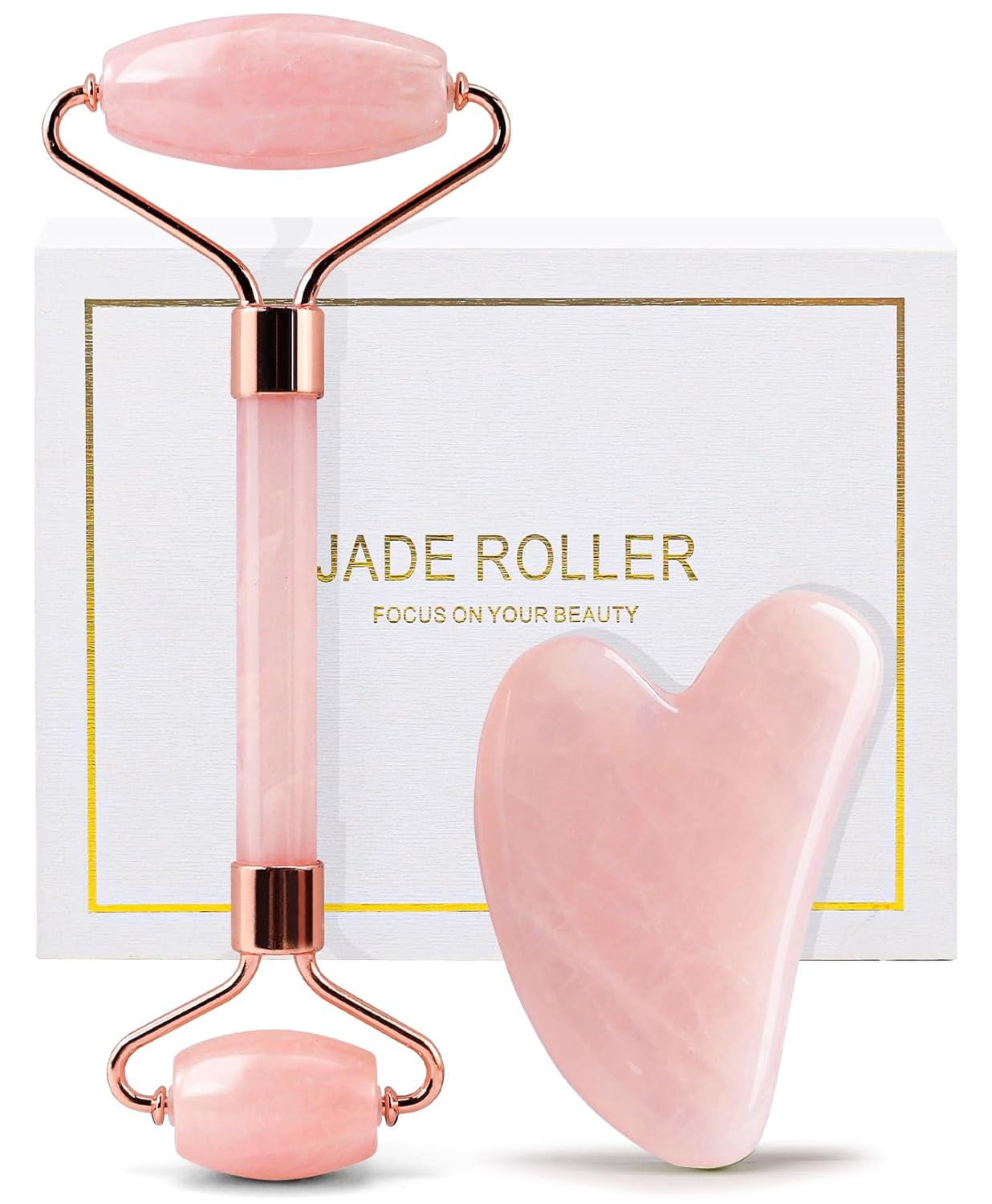 Skin Gym Rose Quartz Facial Roller for De-puffing and Facial Massage,  Dual-Ended Small and Large 100% Rose Quartz Stones