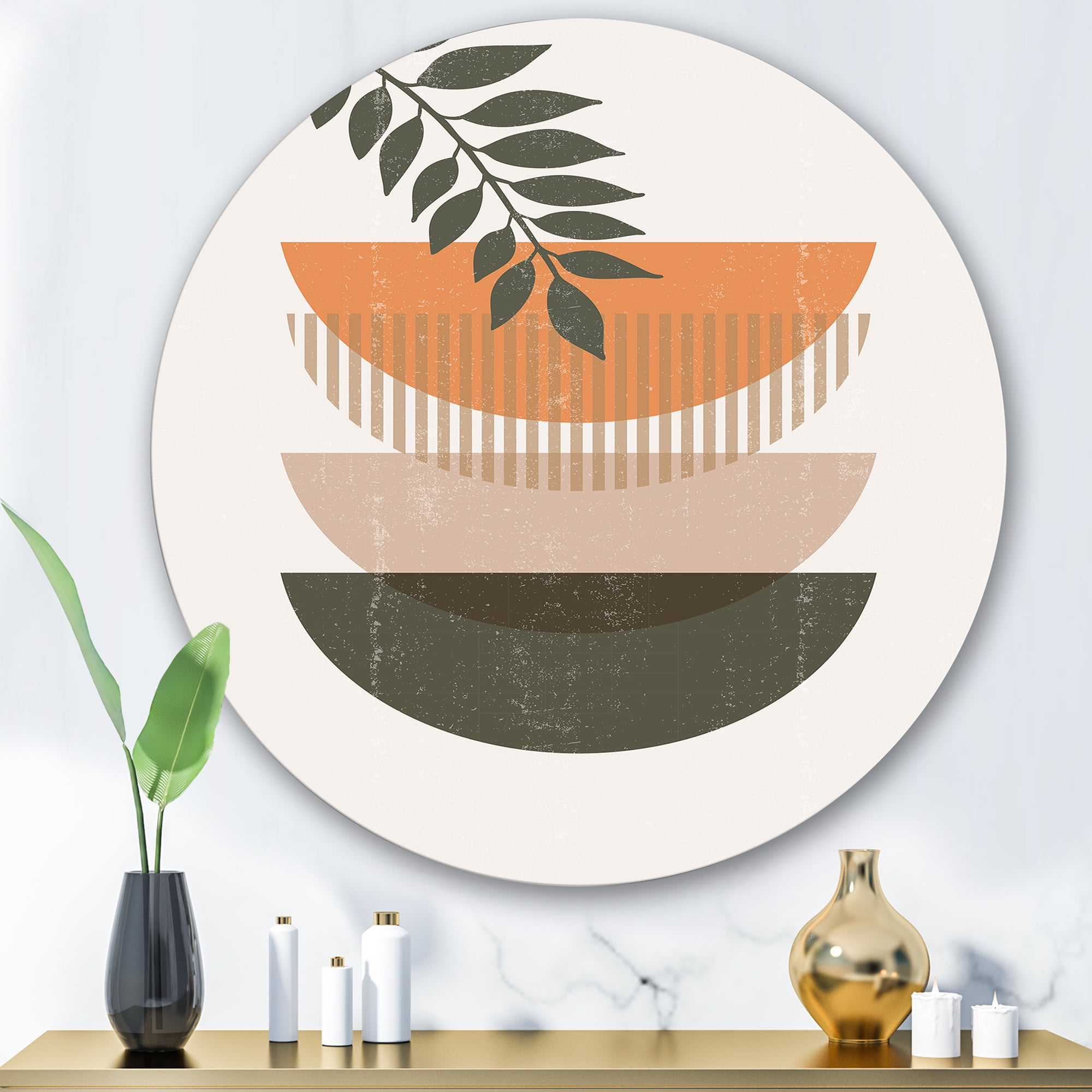Designart 'Abstract Geometrical Moon and Sun With Leaf II' Modern Circle Metal Wall Art 29x29 - Disc of 29