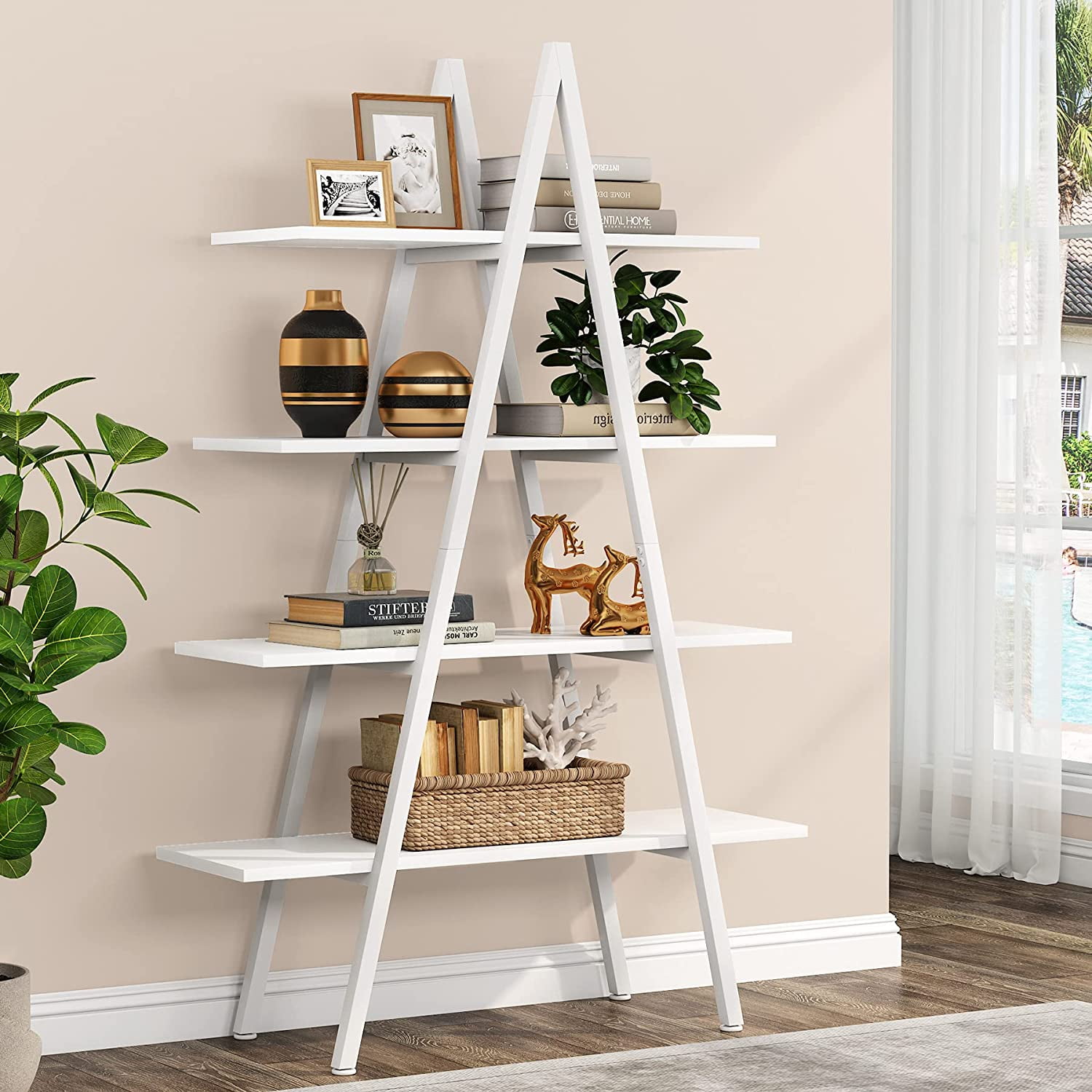 Black Leaning Bookshelf Wooden Ladder Bookshelf Folding Bookcase