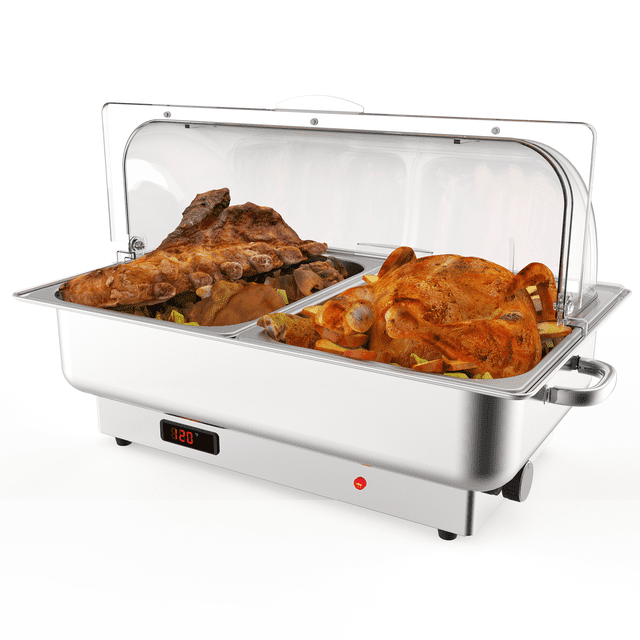 Home Electric Chafing Dish Set with Temperature Control | 9QT Stainless Steel Buffet Server with Transparent Lid for Catering, Weddings & Parties