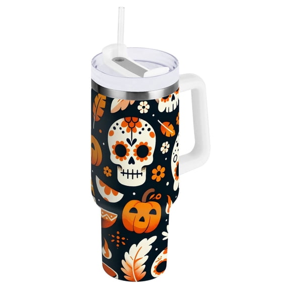 Halloween Skull Pumpkin Hat 40 oz Tumbler with Handle and Straw Lid Vacuum Insulated Cup Leak-Proof for Water Iced Tea Coffee