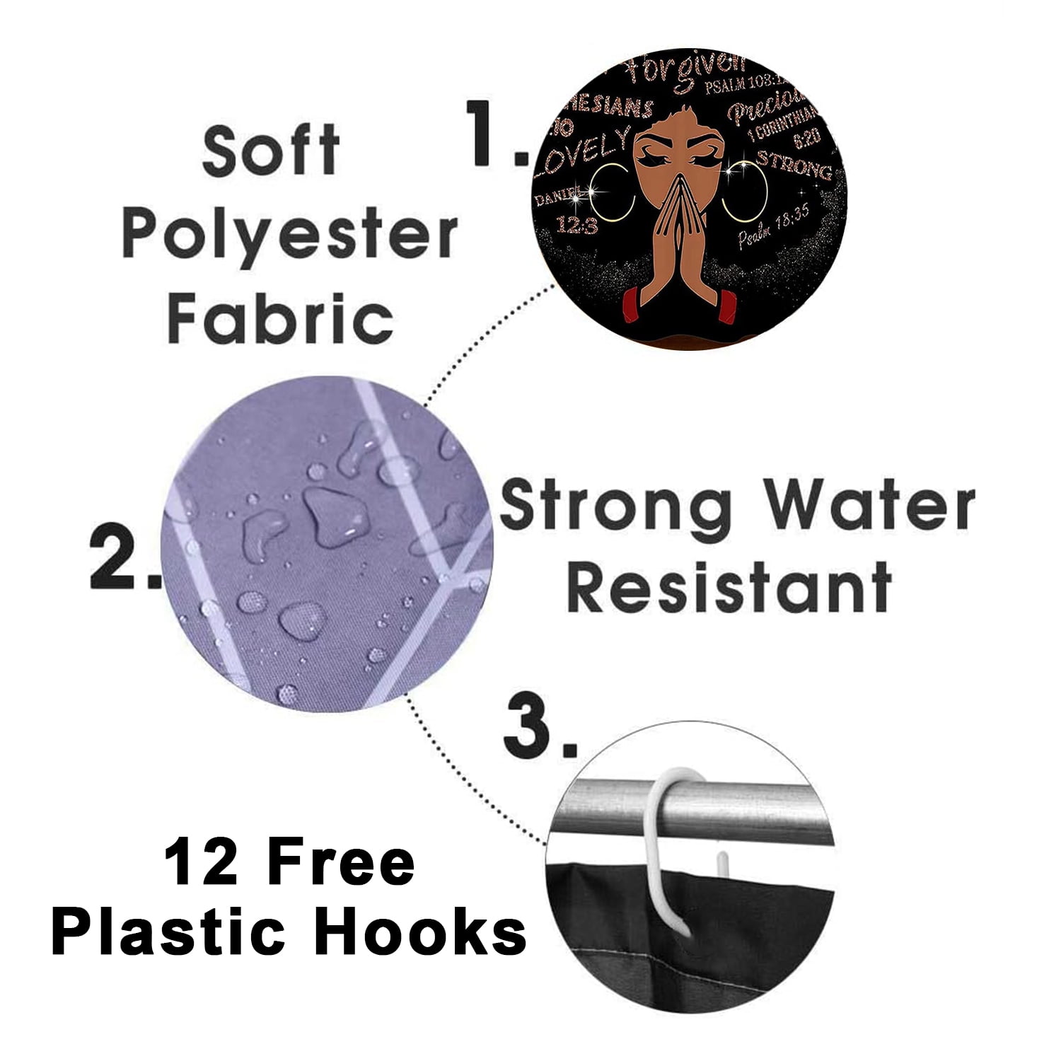 FRAMICS Black Girl with Glitter Quotes Pattern Polyester Shower Curtain and Rug Sets, 16 Pc Bathroom Sets with Non-Slip Mats, Waterproof Shower Curtain with 12 Hooks and Toilet Rugs