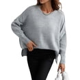 thumbnail image 3 of hirigin Women Autumn Loose Knitwear, Solid Color Long Sleeve Round Neck Slit Hem Elegant Sweater, 3 of 9