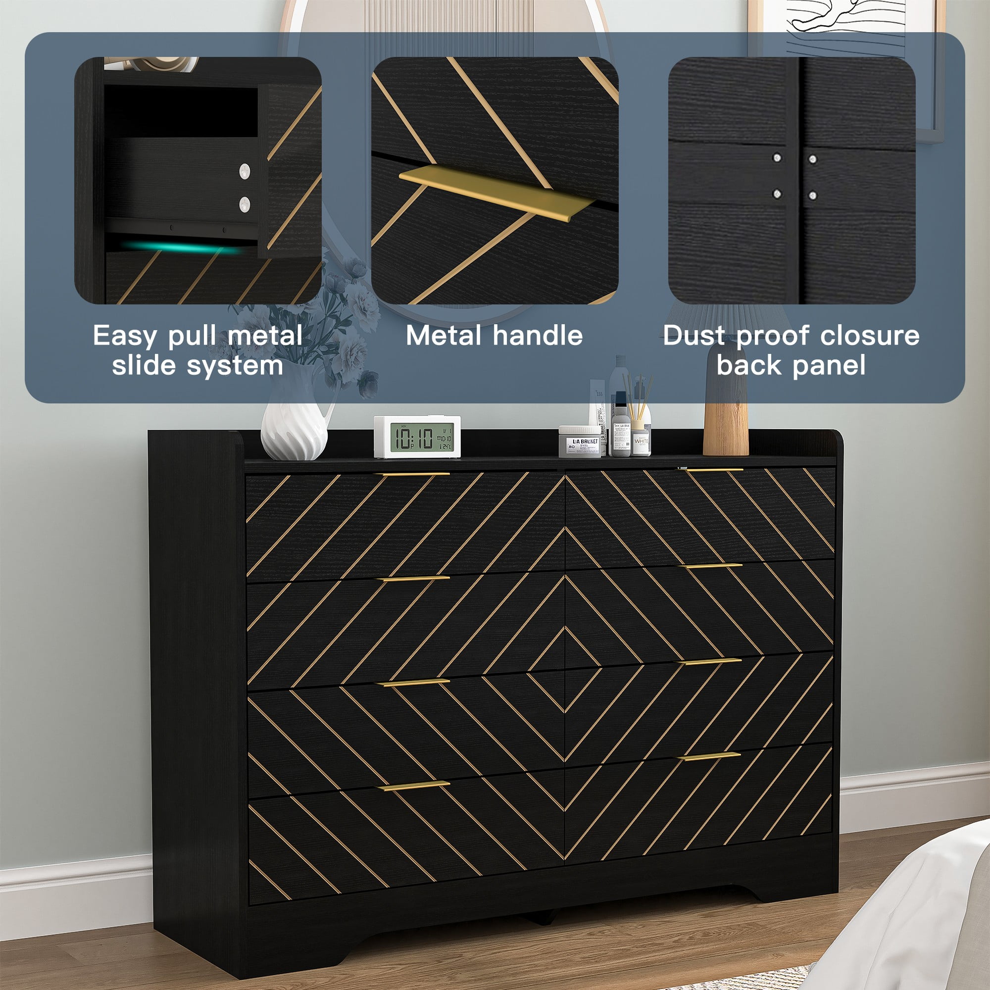 Finihen Modern 8 Drawer Dresser, Wood Chest of Drawers Storage Organizer with Metal Gold Handles for Bedroom, Living Room, Hallway, Entryway, Black Finihen Modern 8 Drawer Dresser, Wood Chest of Drawers Storage Organizer with Metal Gold Handles for Bedroom, Living Room, Hallway, Entryway, Black