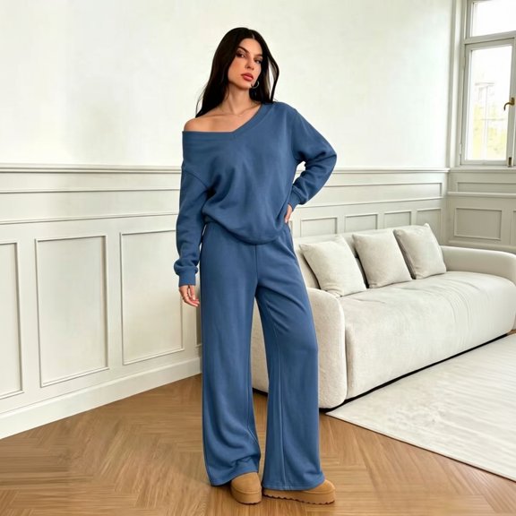 VV AVEORS Two Piece Sets For Women V Neck Matching Sets Loungewear Fall Clothes Travel Outfits Fashion Cozy Sweatsuits Fashion 2026 Blue L