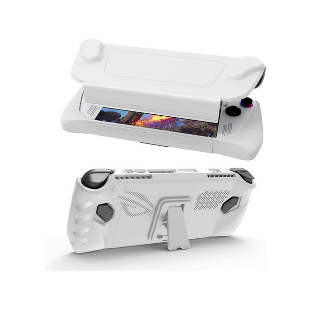 Full Case for ASUS Rog Ally 2023, a protective handheld case with a detachable front shell cover and kickstand. Made of high-quality TPU and PC materials, it offers shockproof, non-slip, and anti-collision features. The case includes precise cutouts for ports, buttons, and the XG Mobile connection, ensuring easy access and compatibility. The ergonomic, frosted design provides a comfortable grip, while the heat radiation design prevents overheating during extended gaming sessions. Shown in a white finish with the kickstand extended and the front cover partially detached.