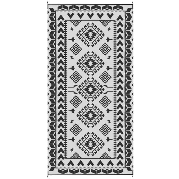 Reversible Outdoor Rug, Waterproof Plastic Straw with Carry Bag, 9' x 18', Black & White Rhombus Patchwork
