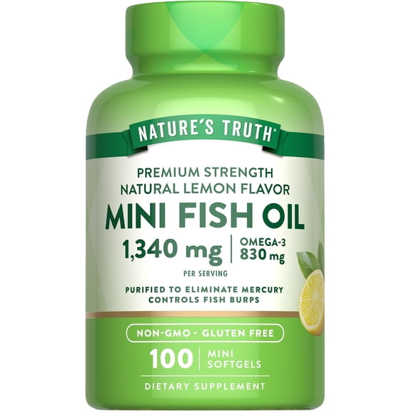 Mini Fish Oil Omega 3 | 1340 mg | 100 Softgels | Burpless Lemon Flavor Pills | Non-GMO. Gluten Free Supplement | by Nature's Truth