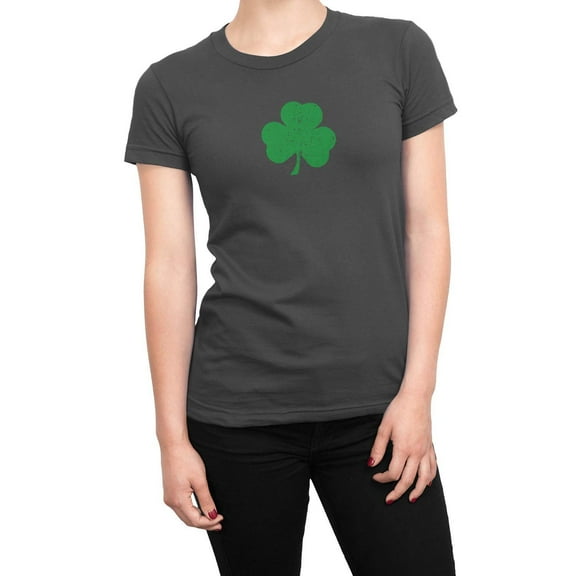 NYC FACTORY USA Screen Printed Ladies Shamrock Tee St Patrick's Day Womens Irish T-Shirt Charcoal-Distressed, Large