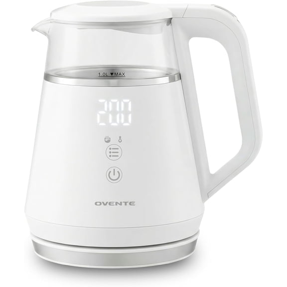 OVENTE 1L Small Electric Kettle with 5 Temperature Preset, Digital Display, 5Hr Keep Warm, Auto Shut-Off, Double-Wall Cool Touch Exterior, Borosilicate Glass,1500W BPA Free Water Boiler, White KD95W