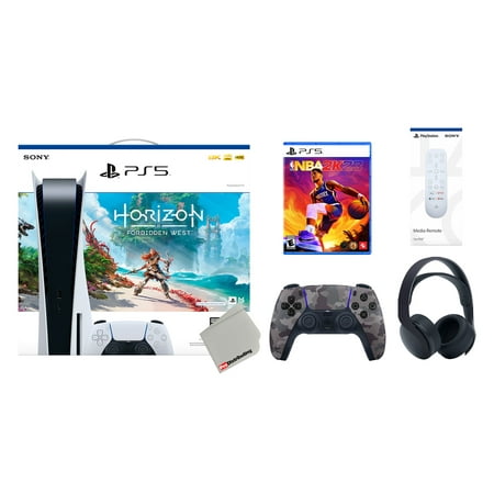 Sony Playstation 5 Disc Horizon Forbidden West Bundle with Extra Grey Camo Controller, Black PULSE 3D Headset, NBA 2K23 and Remote