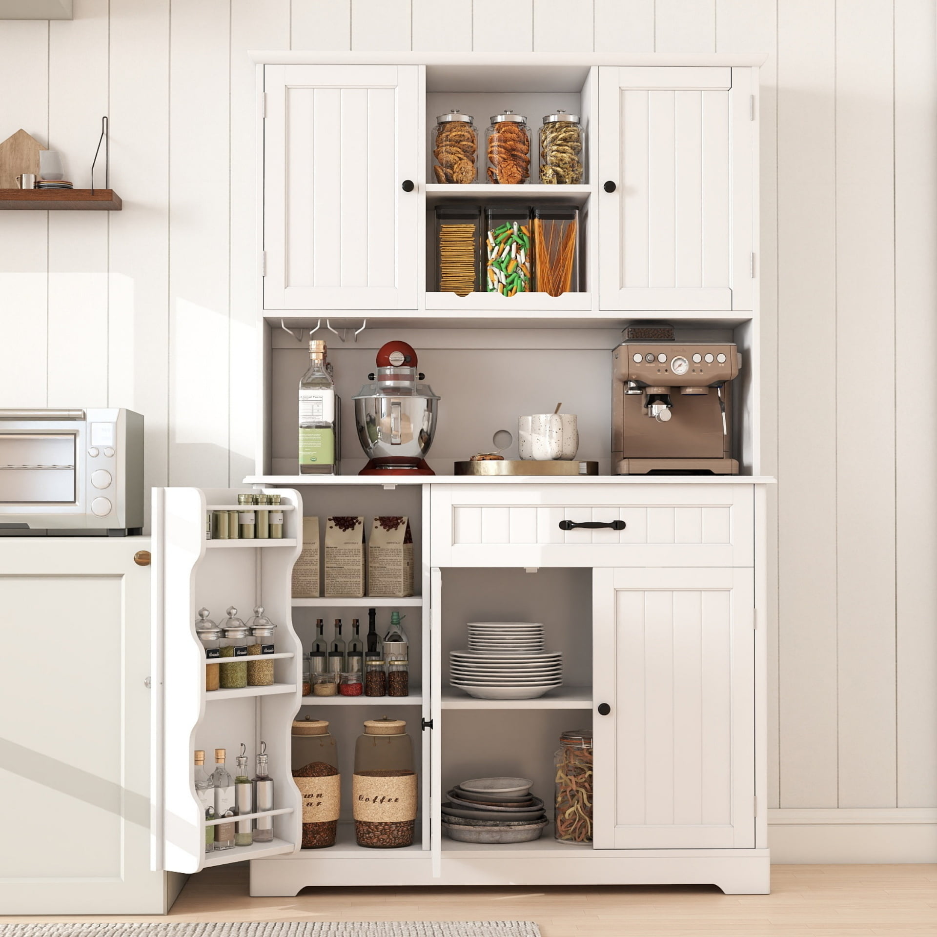 Lofka 67" Tall Pantry Cabinet for Kitchen Storage - 15 Shelves, 5 Doors, Microwave Shelf & Drawer, Freestanding Organizer Can Be Used as Coffee Bar Cabinet