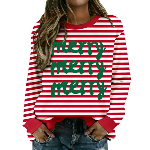 FYEGRE Striped Print Crewneck Long Sleeve Lined Soft Thermal Comfort Fabric Casual Loungewear Top For Everyday Wear Red L