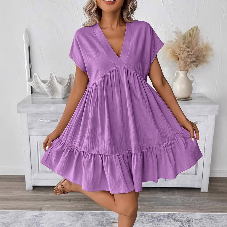 casual babydoll dress Womens Summer V Neck Bow Tie Short Sleeve High Waist A-Line Mini One Size Fits Most Kassidy Babydoll Dress Light