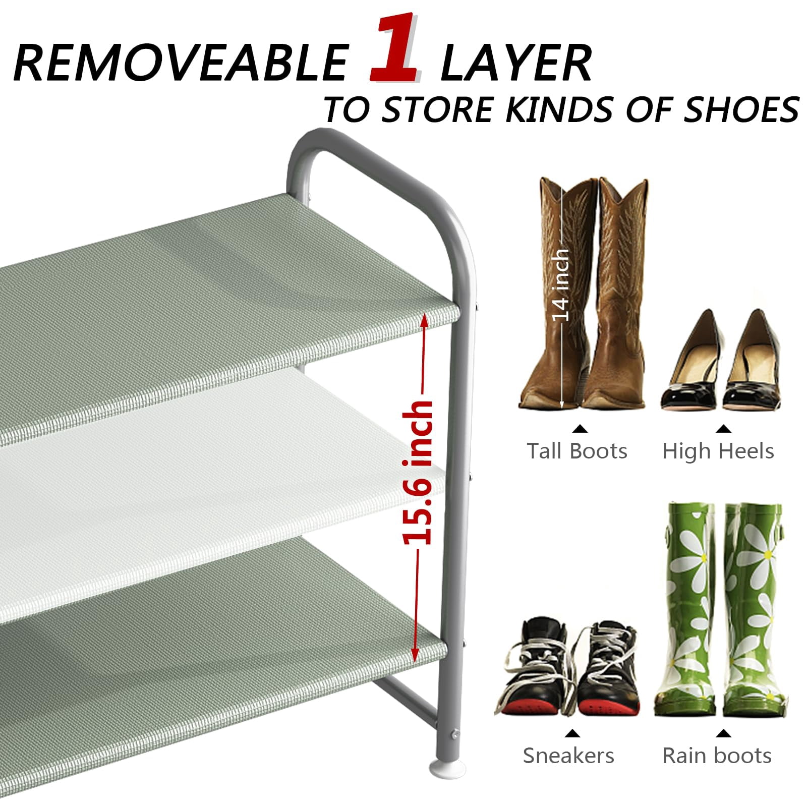Seamika 3-Tier Shoe Rack Organizer, Metal Shoe Storage Wide Shelf with Non-woven Fabrics for Close Entryway,Grey