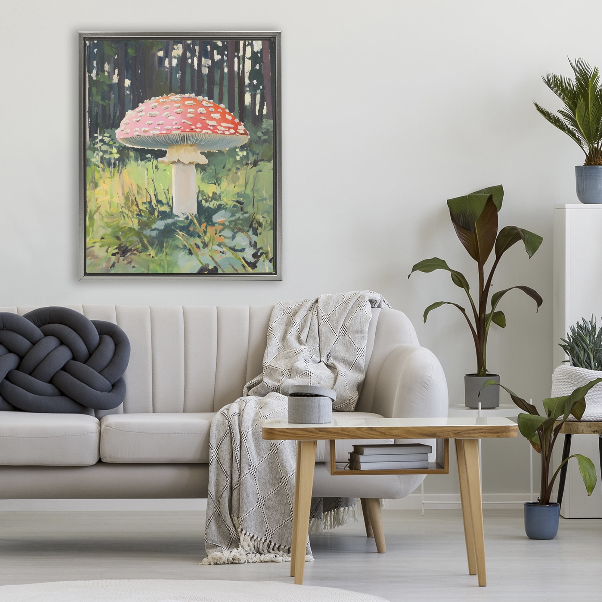 Stupell Industries Red Mushroom in Sunlit Forest Gray Framed Floater Canvas Wall Art, design by The Prints Vibe