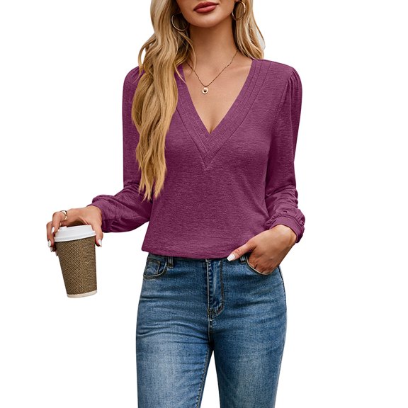 Eternatastic Women's Shirts Deep V Neck Long Sleeve T Shirt Solid Color Casual Basic Tops Summer Tees