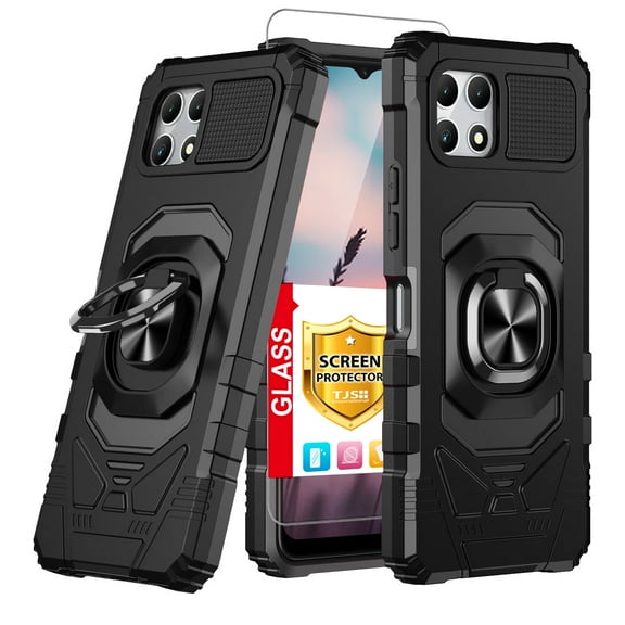 TJS for T-Mobile Revvl 7 5G Phone Case, with Tempered Glass Screen Protector, [Military Grade] Robotic Magnetic Support Car Mount Metal Ring Holder Kickstand Cover (Black)