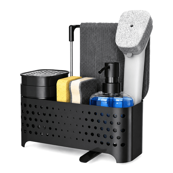 Dish Soap Dispenser Set with Sponge Holder for Kitchen Sink, 5-in-1 Sink Caddy Organizer with Drain Tray, Brush Holder & Towel Rack, Non-Slip Drainage Water Kitchen Sink Organizer