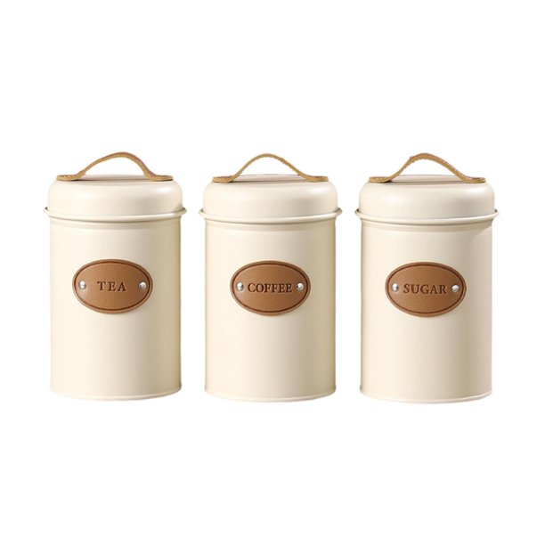 3 botes de cocina con tapas para almacenar alimentos, decoración rústica, tapa hermética. Blanco